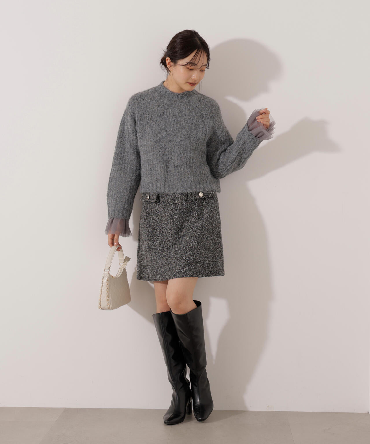 <ウォッシャブル>チュールスリーブボックスニット