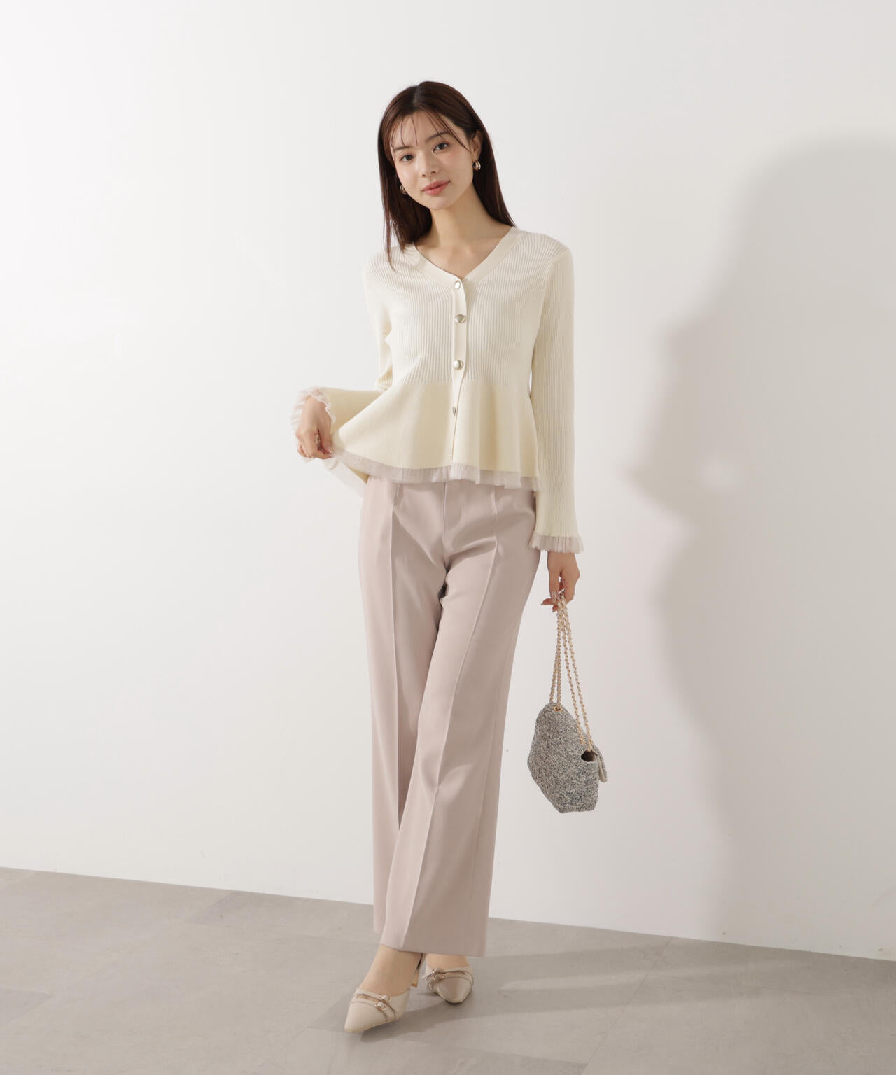 【追加生産予約】シアー切替ペプラムニット【モカ：WEB限定カラー】