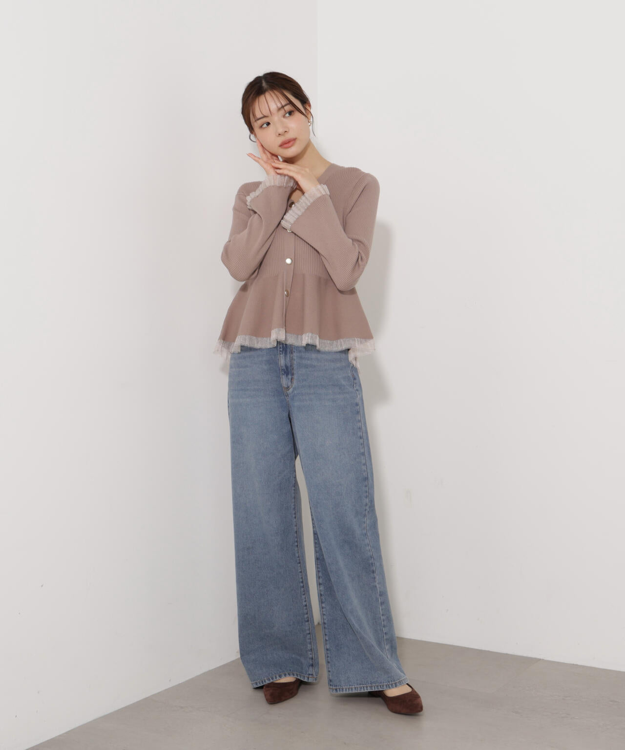 【追加生産予約】シアー切替ペプラムニット【モカ：WEB限定カラー】