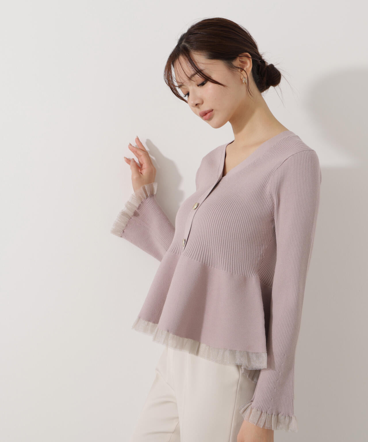 【追加生産予約】シアー切替ペプラムニット【モカ：WEB限定カラー】