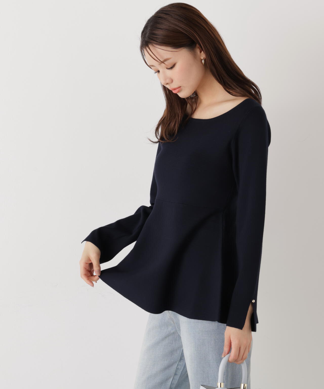 ウォッシャブル/UV＞ペプラムベーシックニット【ブルー：official site