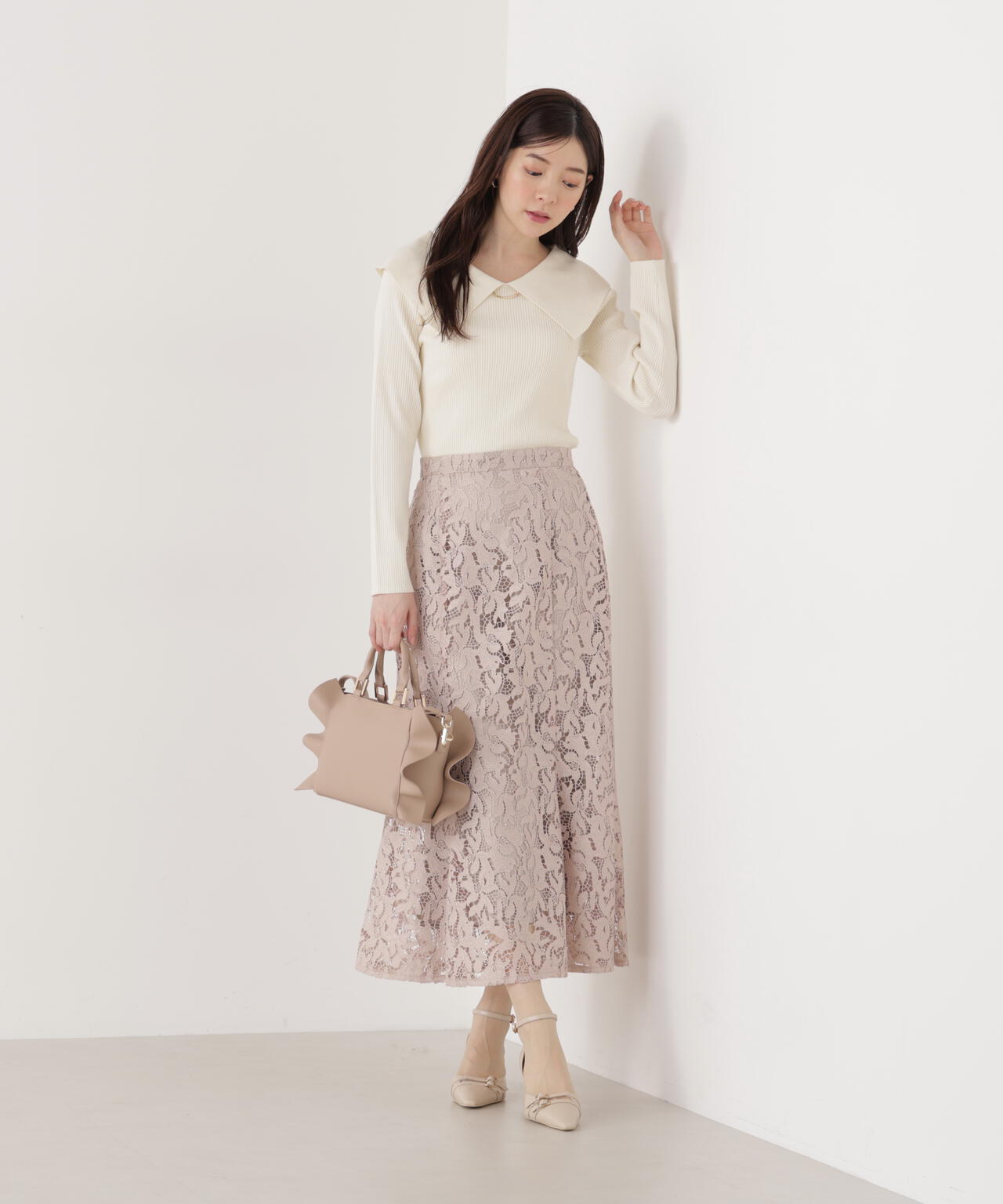 ＜ウォッシャブル/UV＞バー付きビッグ襟ニット