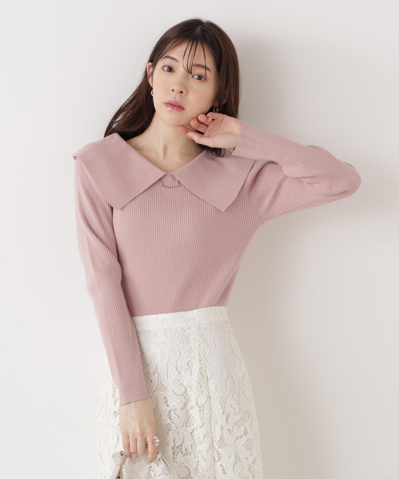 ＜ウォッシャブル/UV＞バー付きビッグ襟ニット