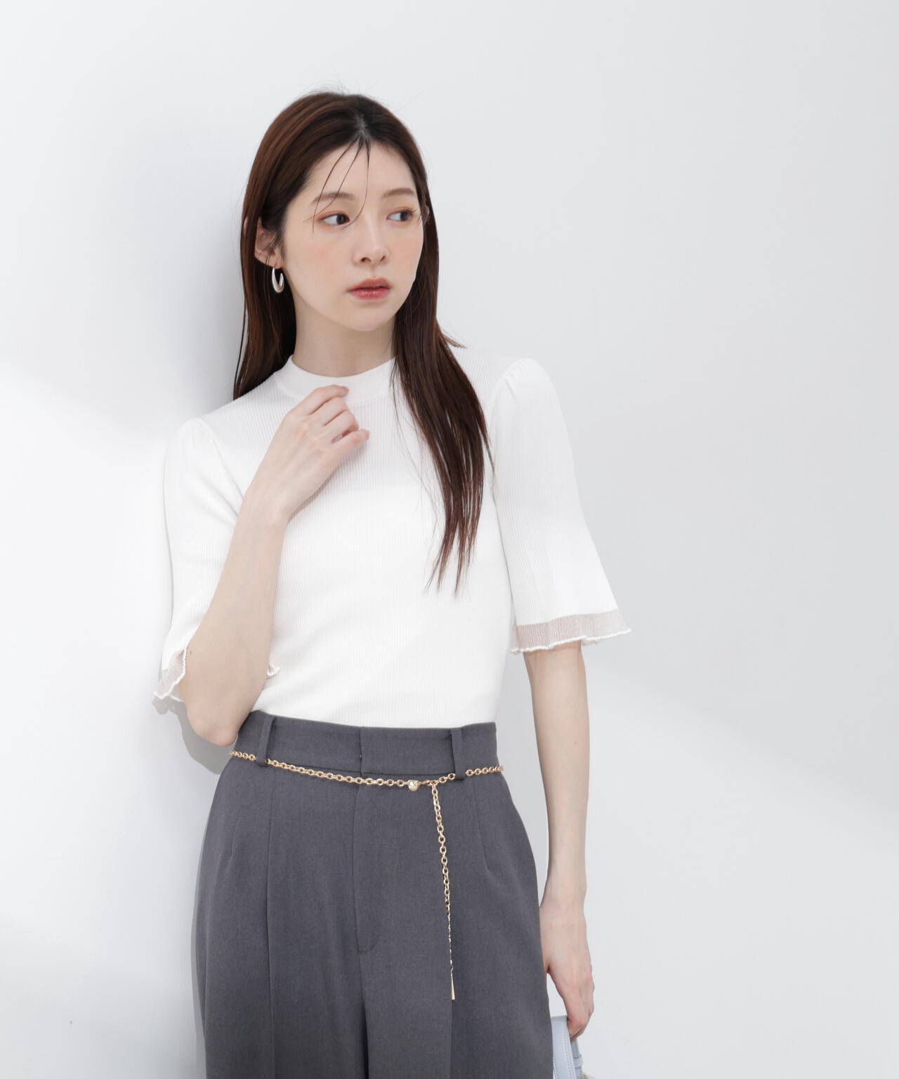 部分シアー半袖ニット【ピンク：WEB・一部店舗限定】 | PROPORTION