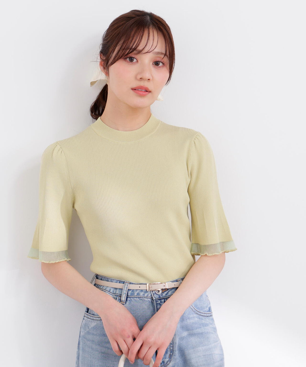 部分シアー半袖ニット【ピンク：WEB・一部店舗限定】 | PROPORTION 