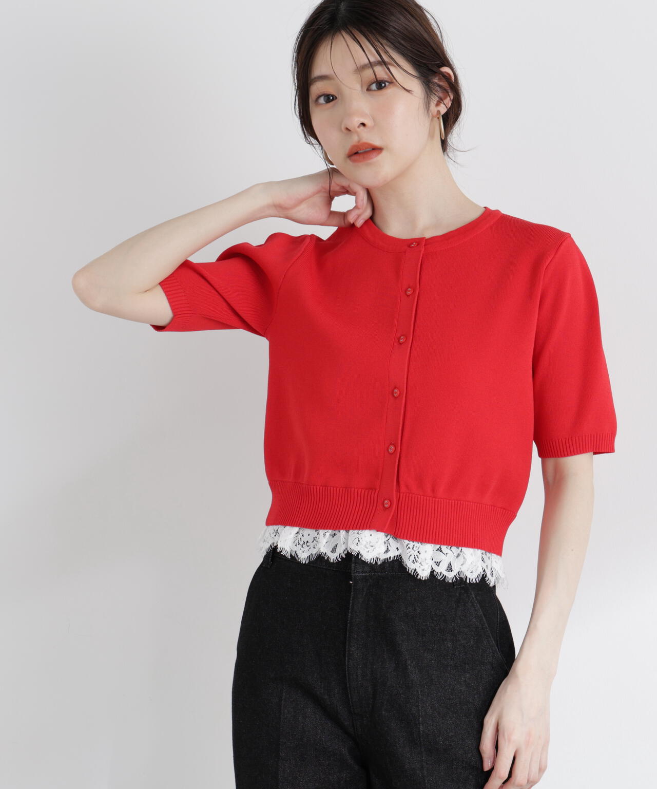 レーストリムショートカーディガン【レッド：WEB限定】 | PROPORTION