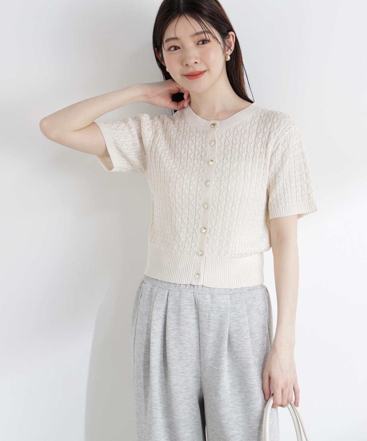 a/mie〉シルク混サマーケーブルニット【イエロー、ピンク：WEB・一部
