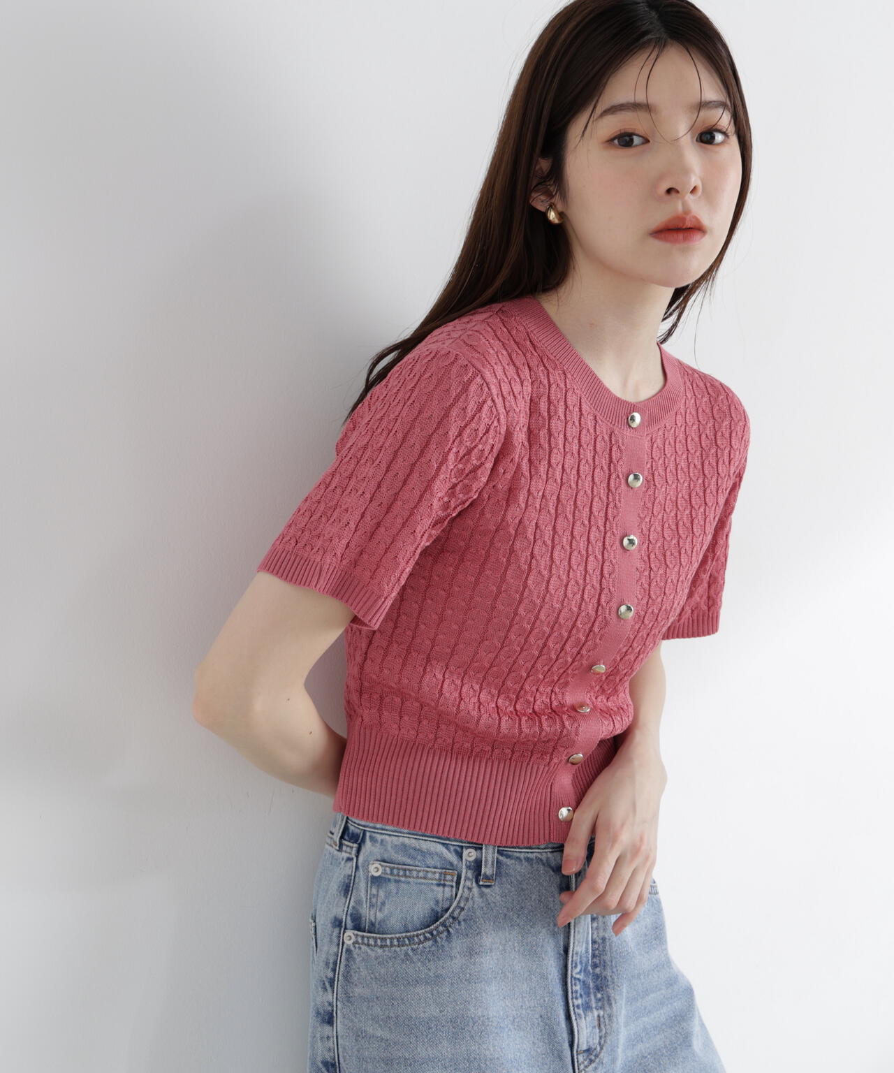 a/mie〉シルク混サマーケーブルニット【イエロー、ピンク：WEB・一部