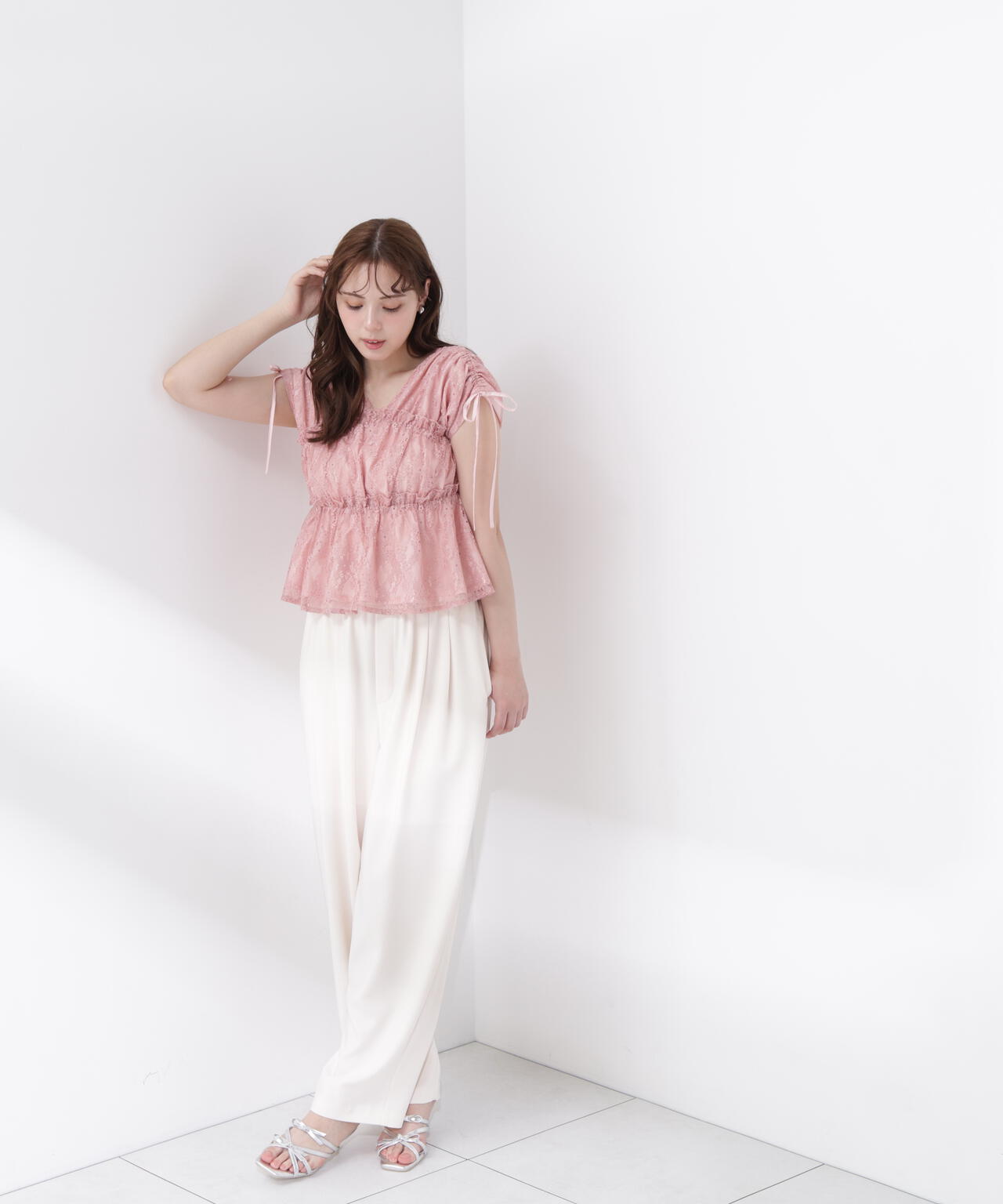 【美品】yori ハシゴレース ワイドブラウス ピンク コットン ワッシャー ハシゴレース ボリューム袖 ブラウス レディース
