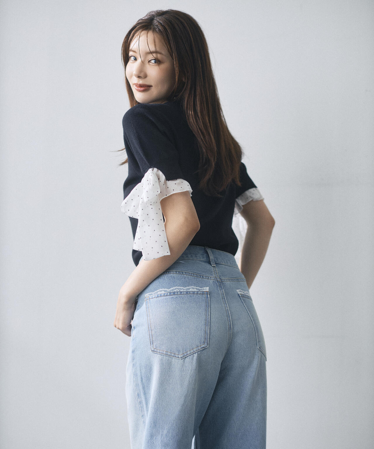a/mie＞レースハイウエストワイドデニムパンツ | PROPORTION BODY