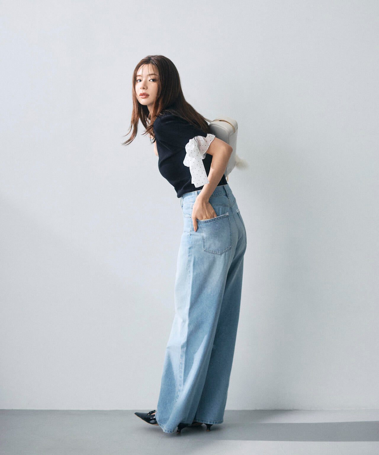 a/mie＞レースハイウエストワイドデニムパンツ | PROPORTION BODY