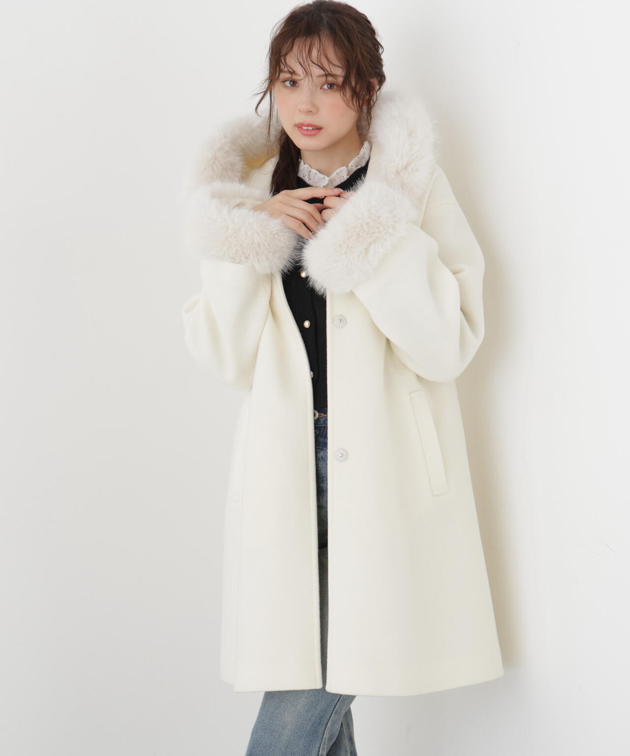 新品PROPORTION BODY DRESSINGホワイト　ピーコート フードフェイクファーミドルコート | PROPORTION BODY DRESSING