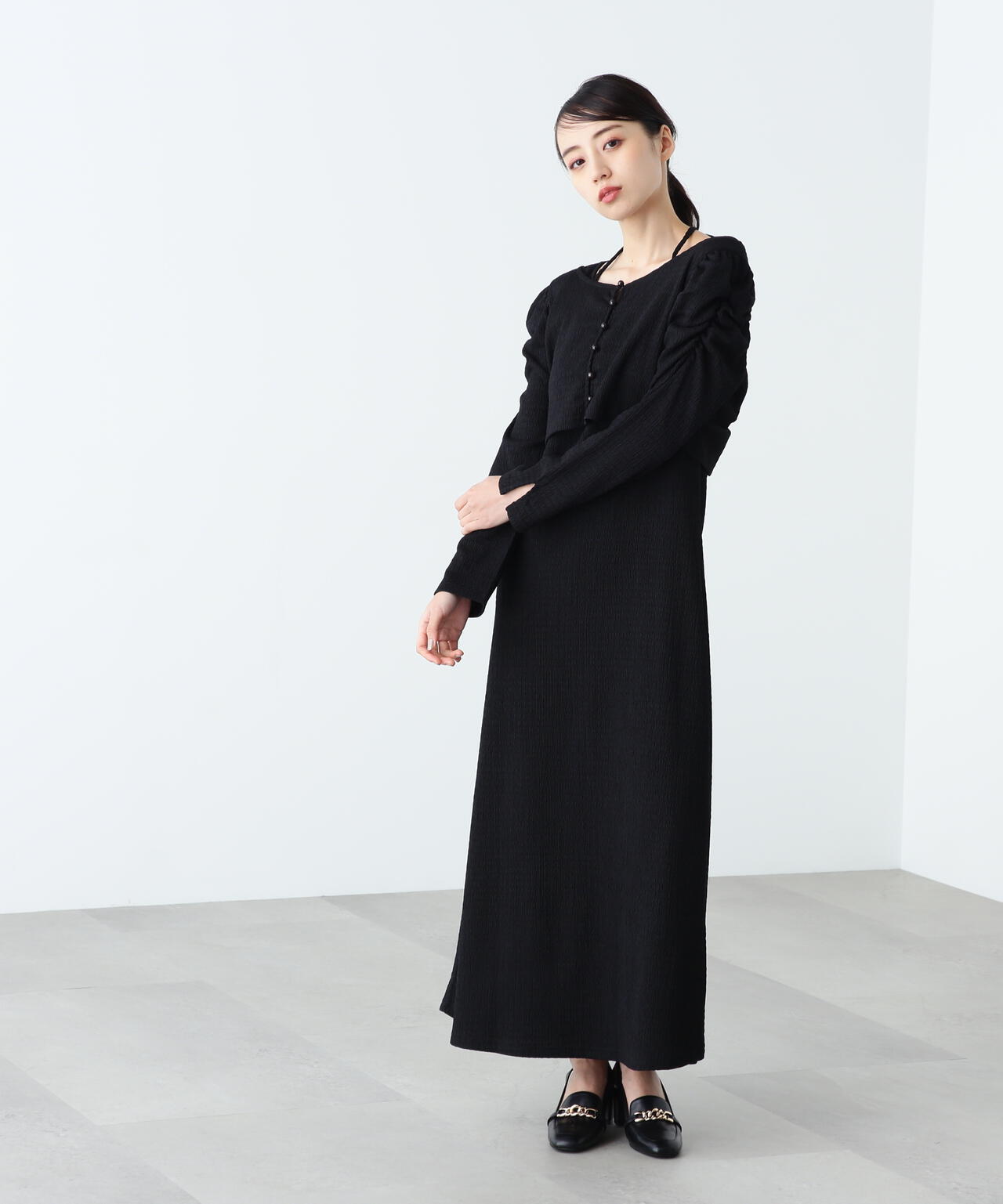 クシュクシュストレッチカーデ＆ワンピースセット　WEB限定カラー：オレンジ