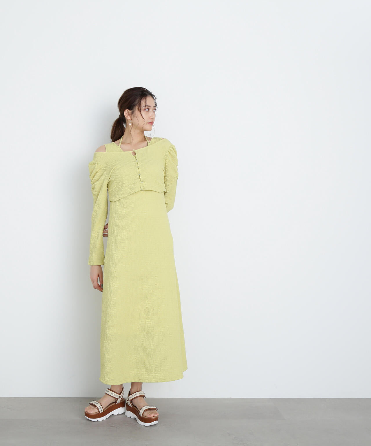 クシュクシュストレッチカーデ＆ワンピースセット　WEB限定カラー：オレンジ