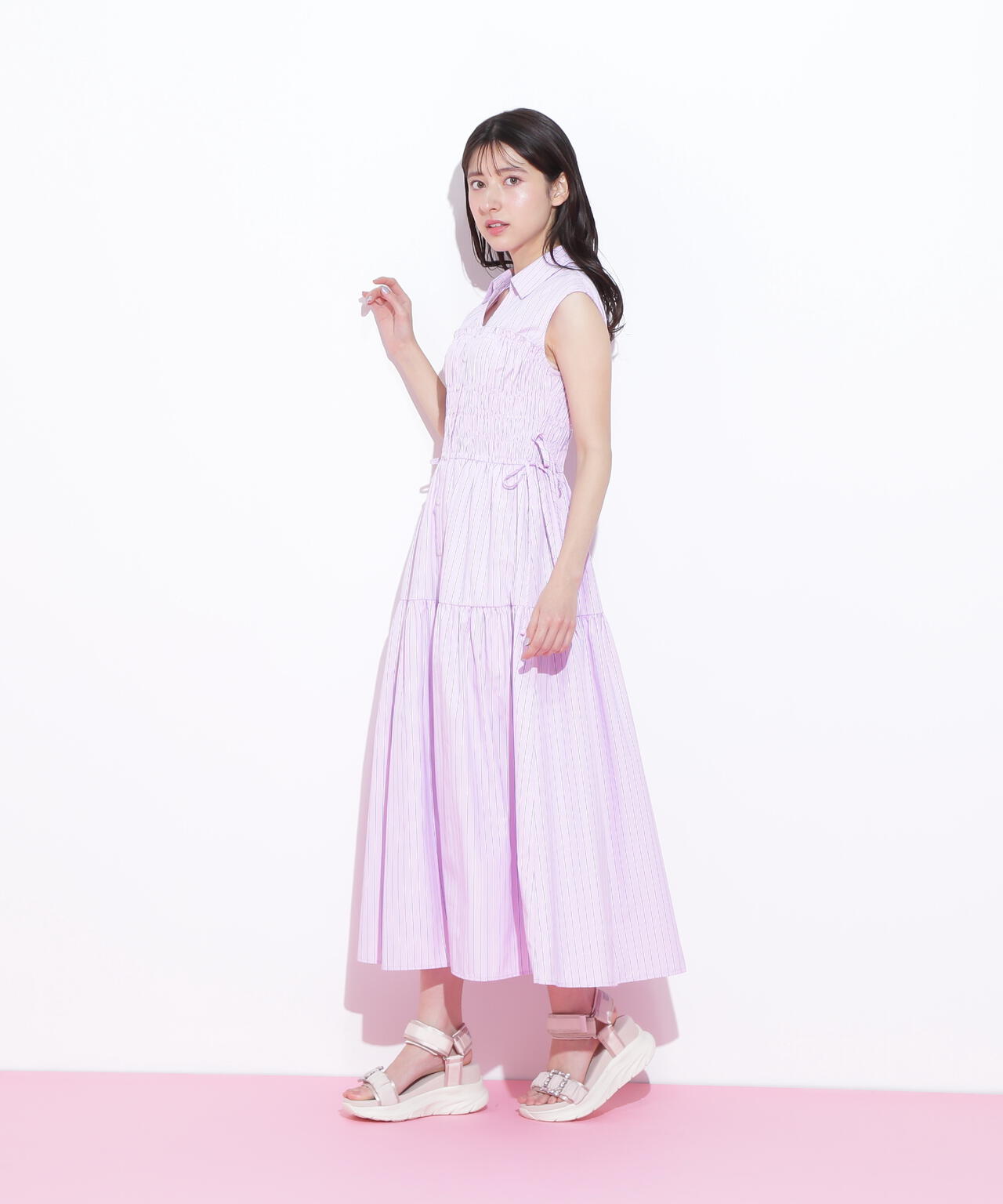 ウエストシャーリングストライプシャツワンピース