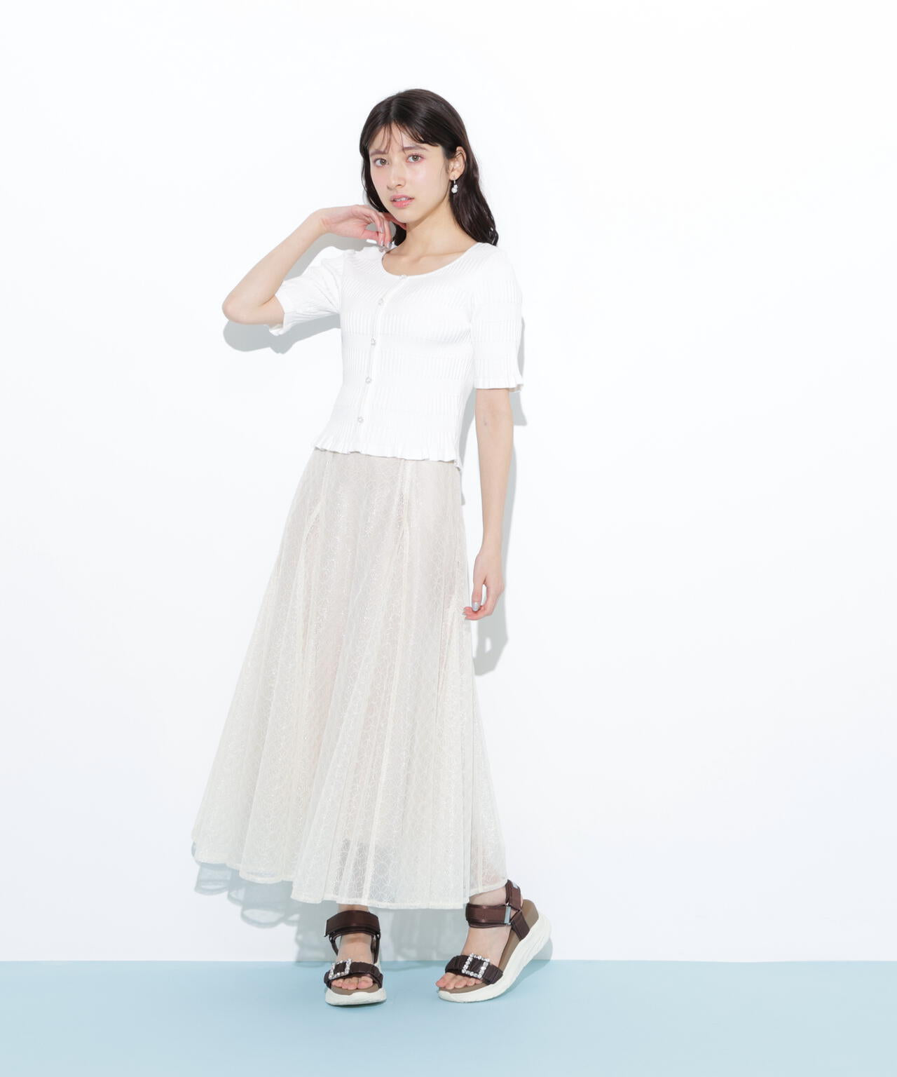 JUSGLITTY♡ シャイニードットマチフレアスカート（白） JUSGLITTY（ジャスグリッティー）の「シャイニードットマチフレア