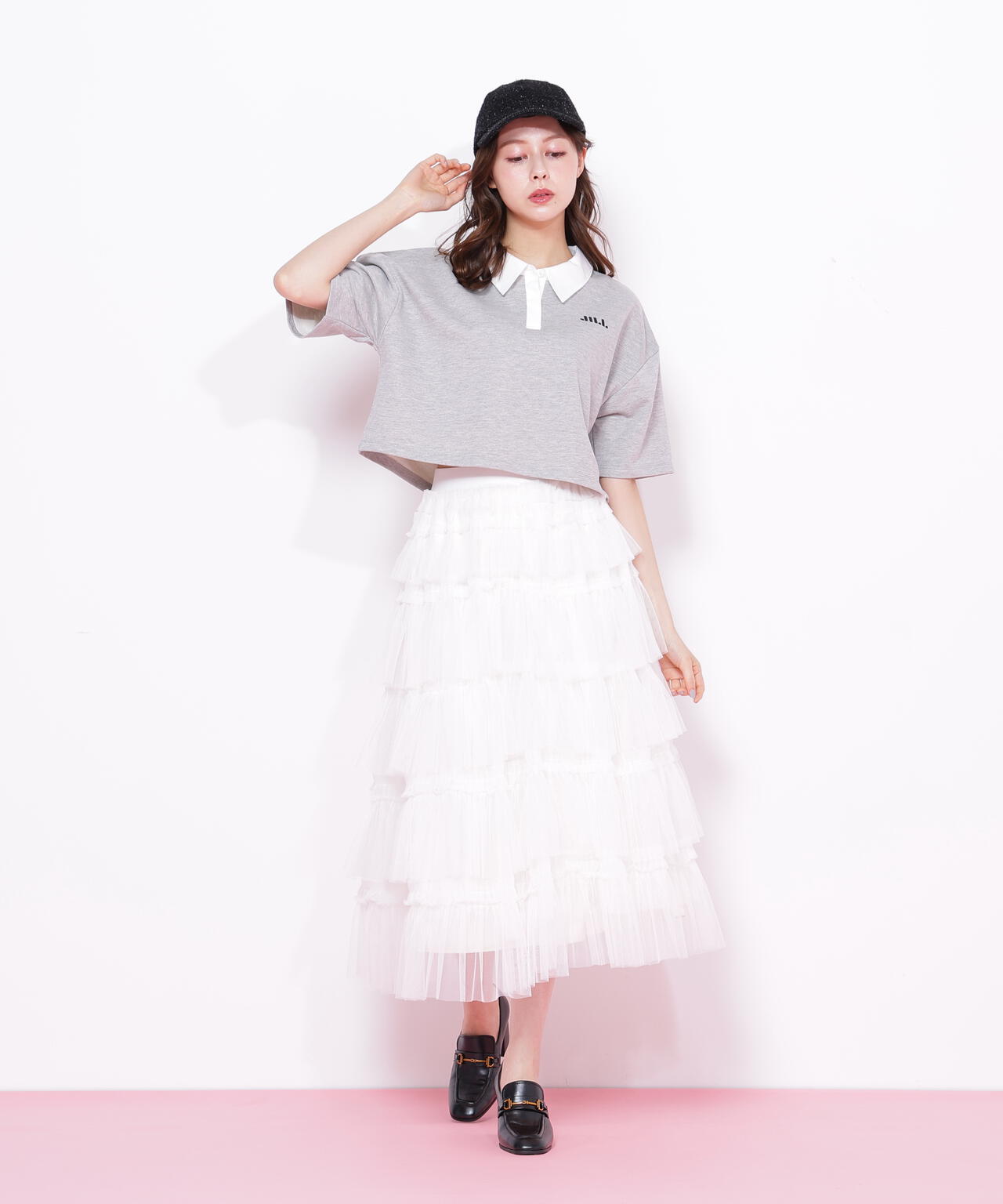 JILLSTUART グログランフリル&タックラップミニスカート　総裏　白　新品 JILL by STUART スカート ラップ風ビッグカラーチェックミニ