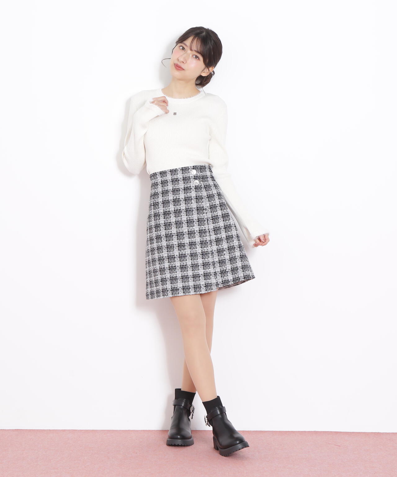 ツィードチェックビジュー釦ミニスカート