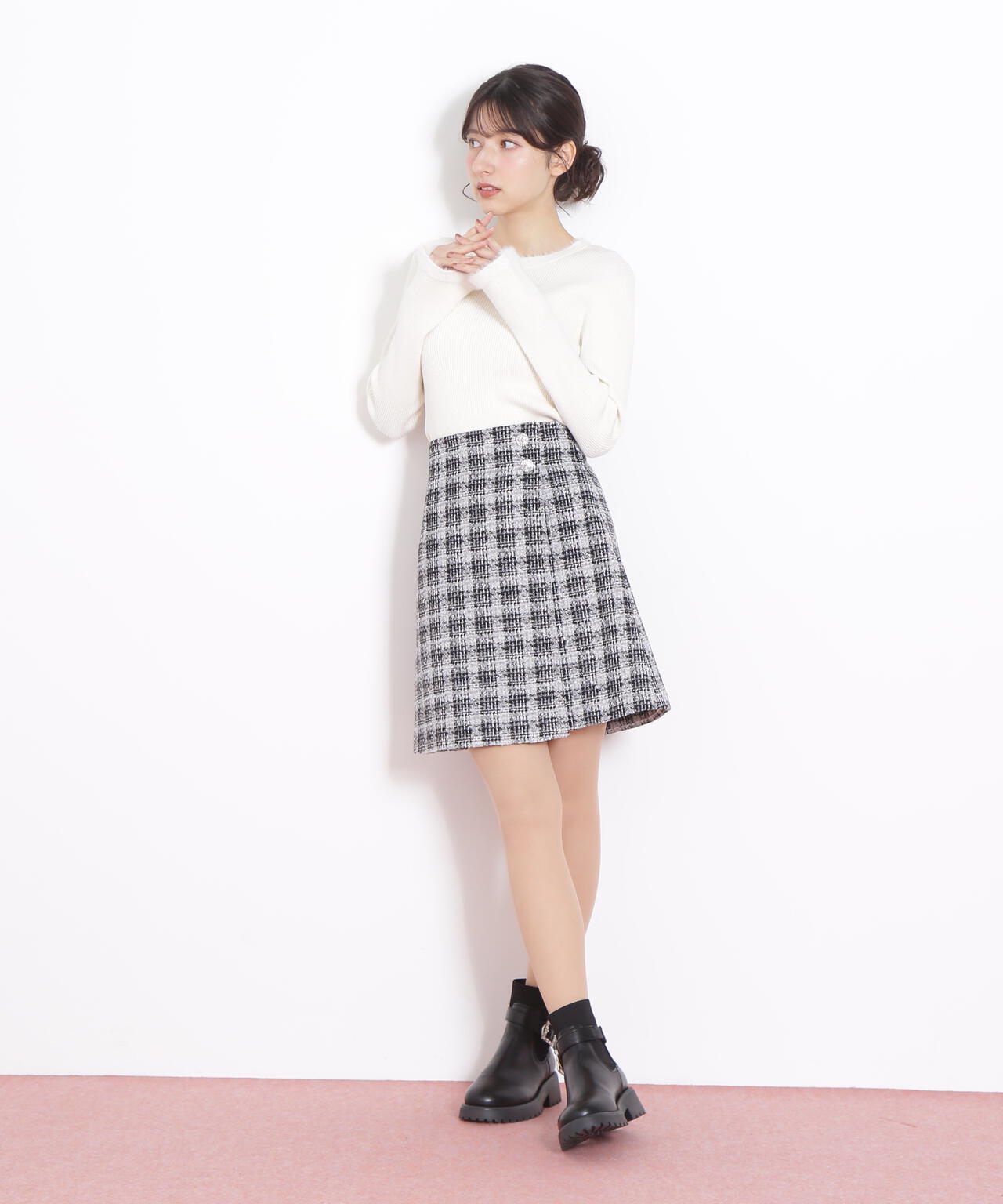 ツィードチェックビジュー釦ミニスカート