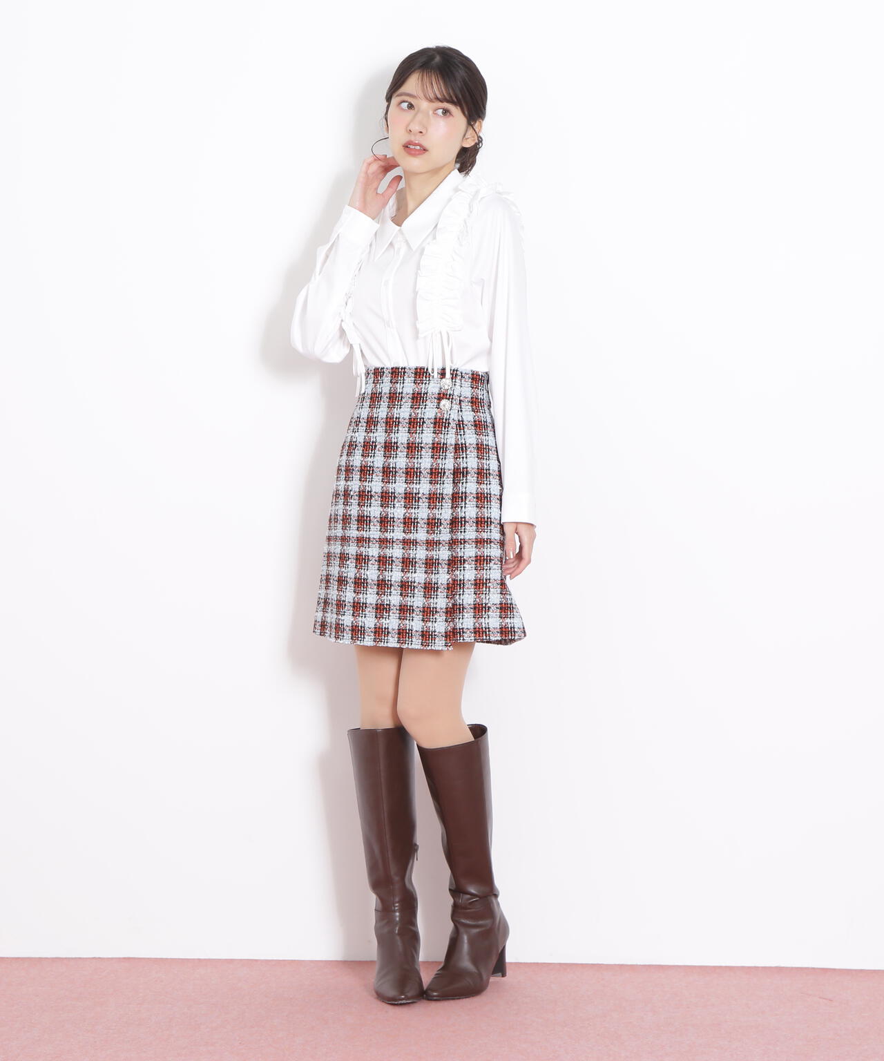 ツィードチェックビジュー釦ミニスカート