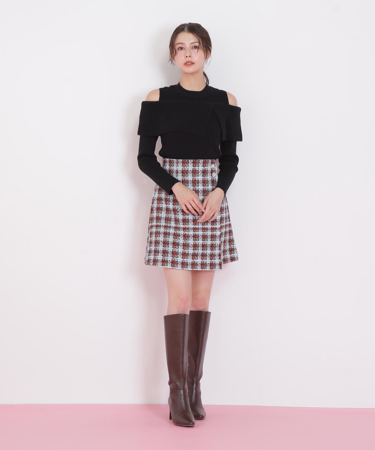 ツィードチェックビジュー釦ミニスカート