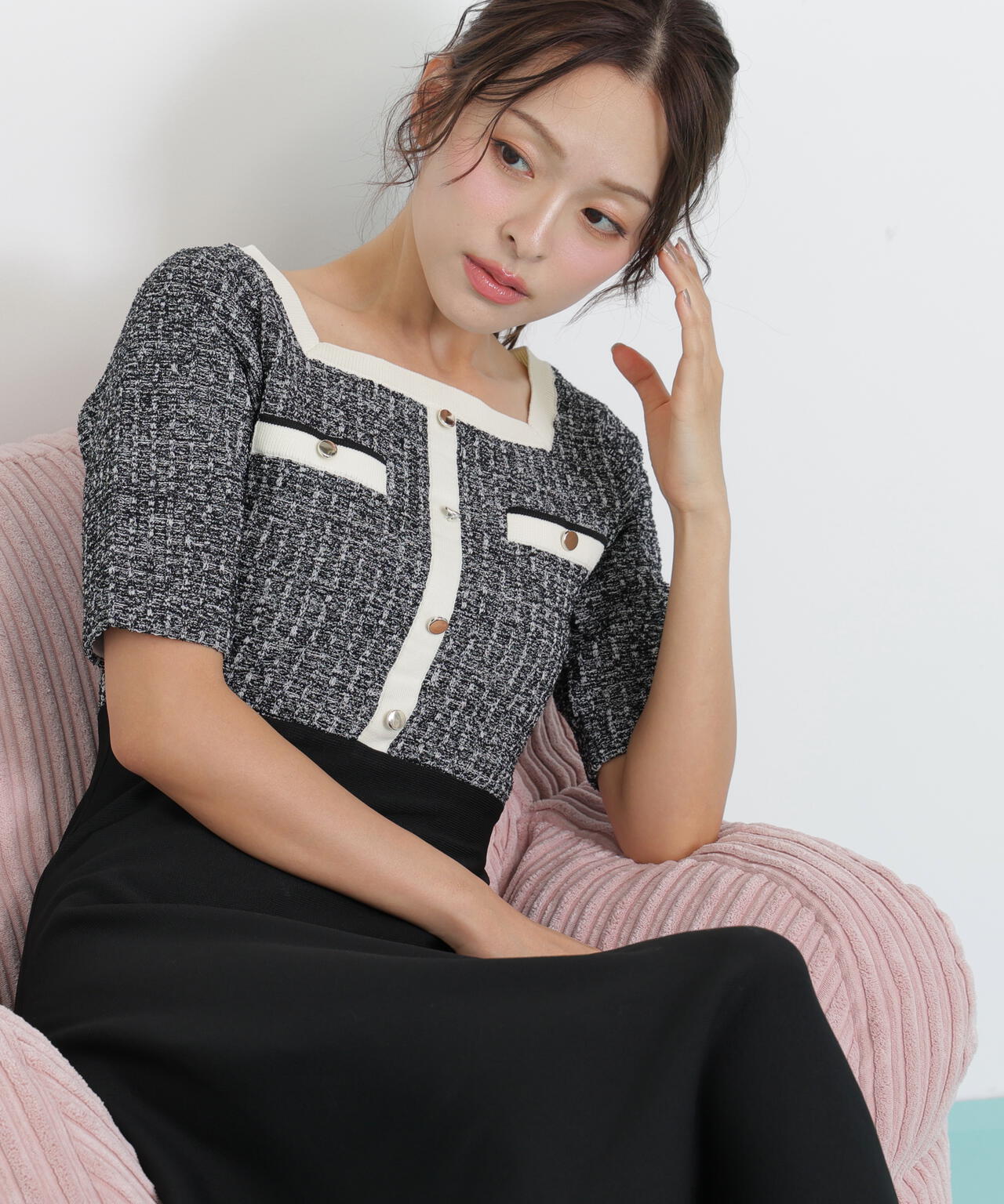 ミックスツイード切替ニットワンピース