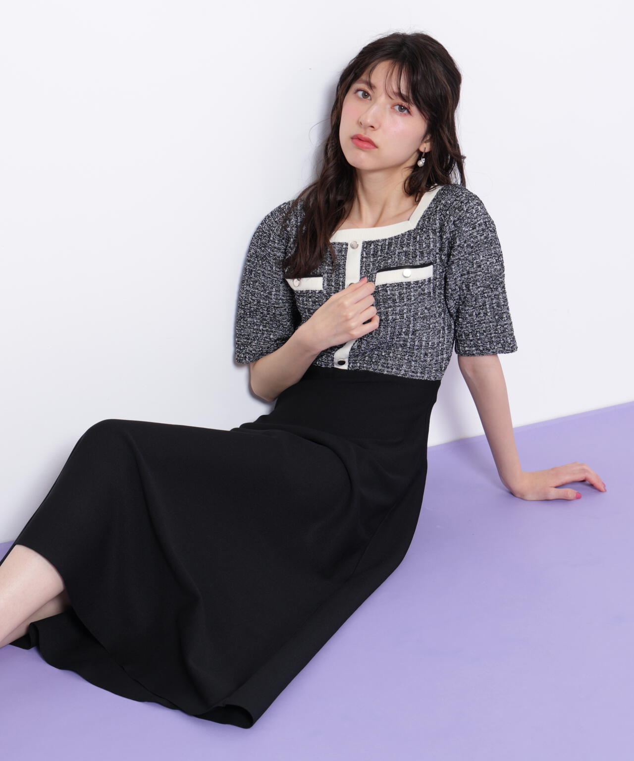 ミックスツイード切替ニットワンピース