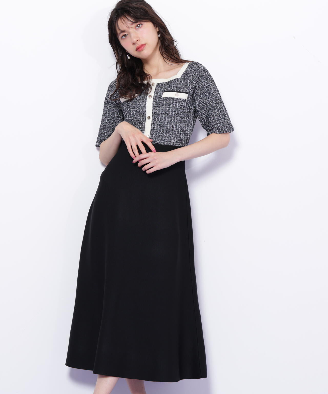 ミックスツイード切替ニットワンピース