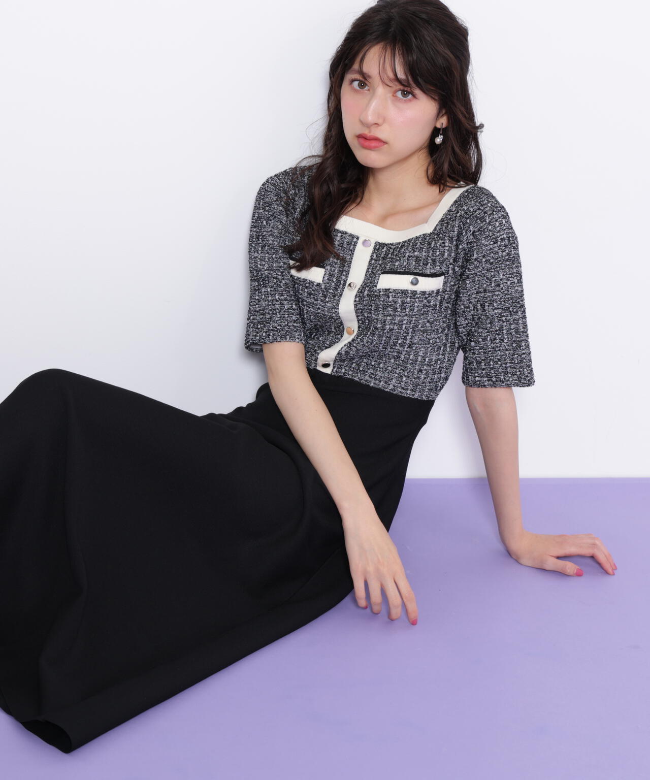 ミックスツイード切替ニットワンピース