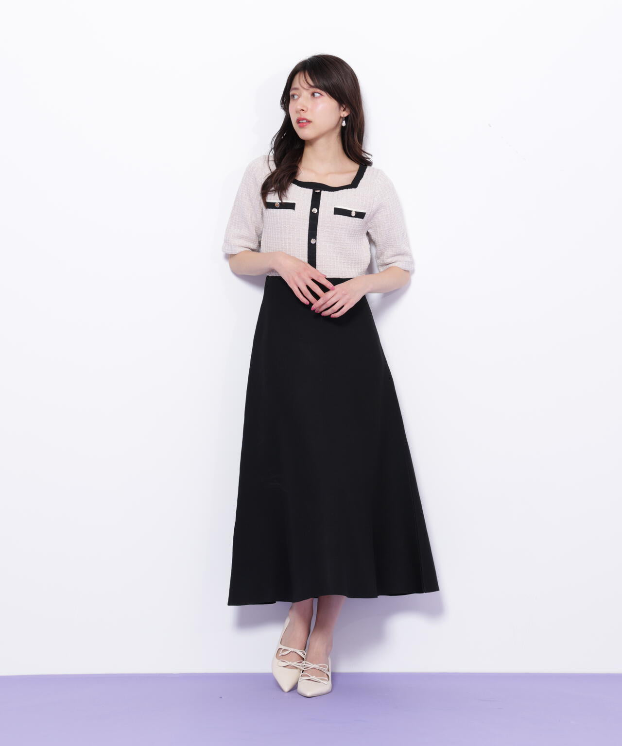 ミックスツイード切替ニットワンピース