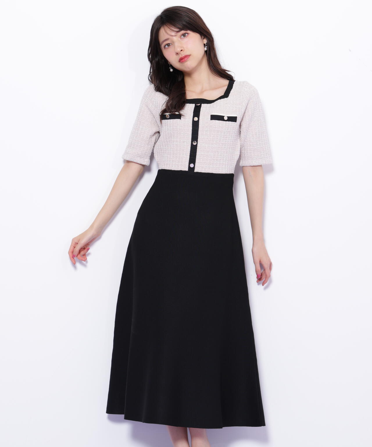 ミックスツイード切替ニットワンピース