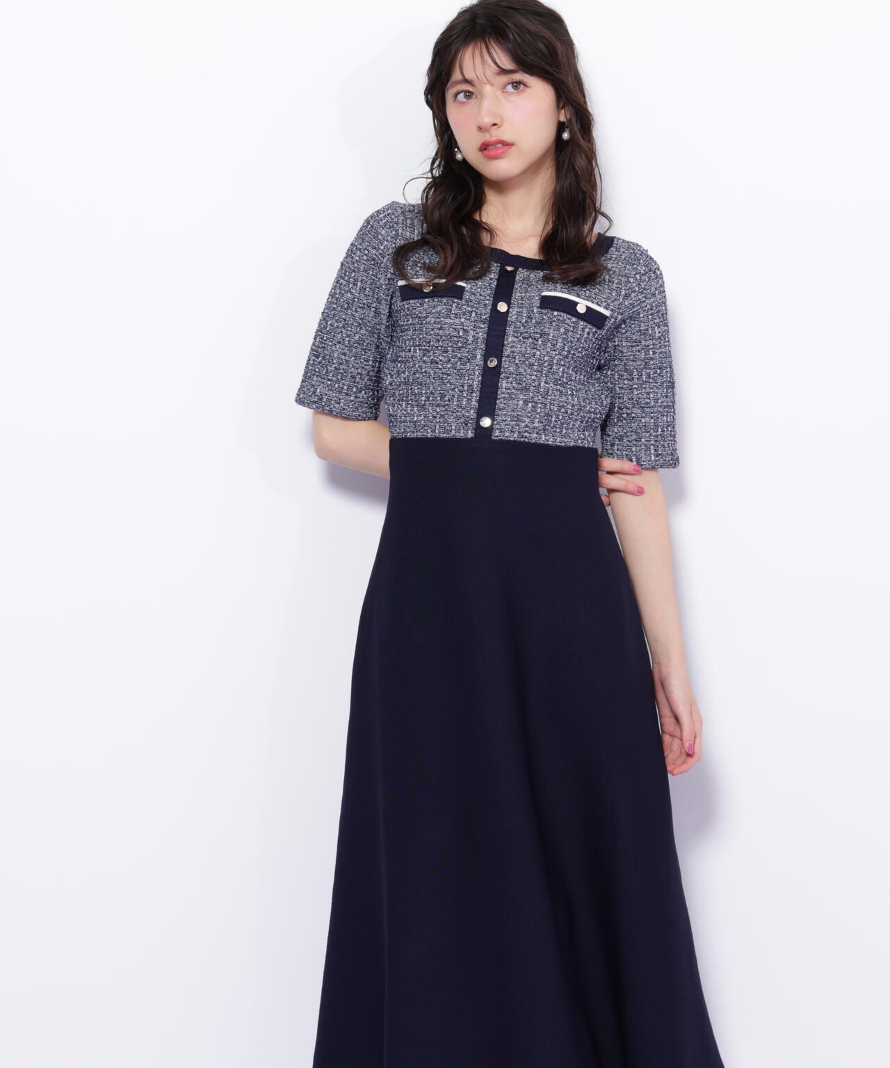 ミックスツイード切替ニットワンピース