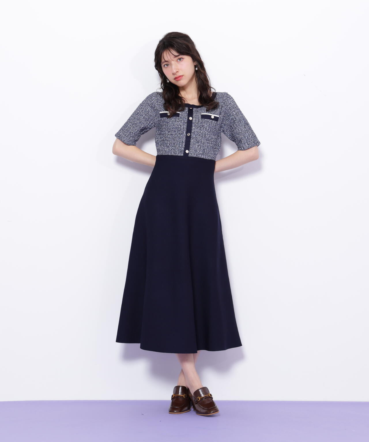 ミックスツイード切替ニットワンピース