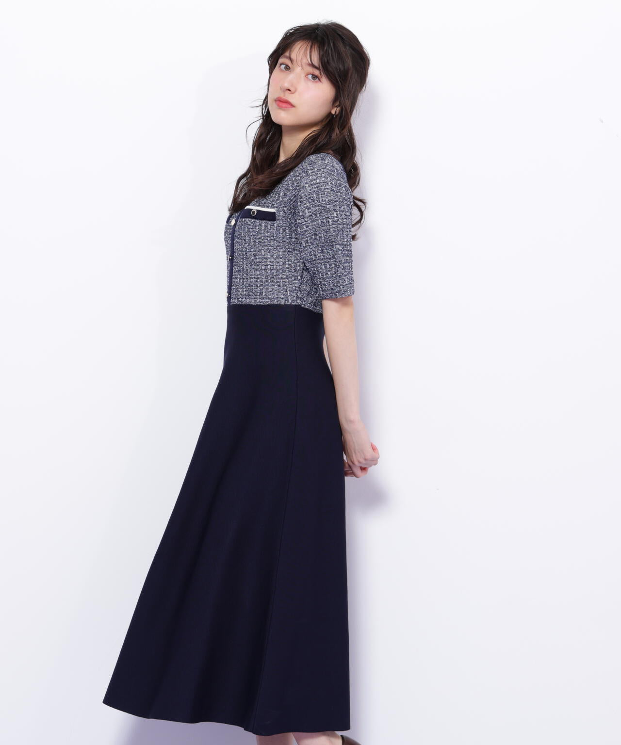 ミックスツイード切替ニットワンピース
