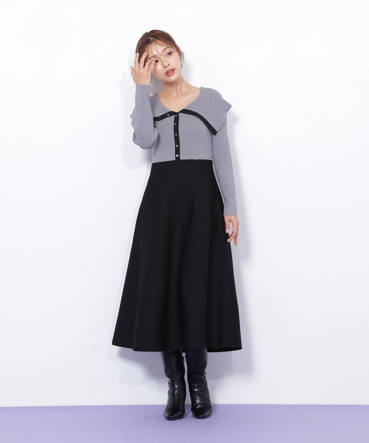 ビッグカラーニットワンピース