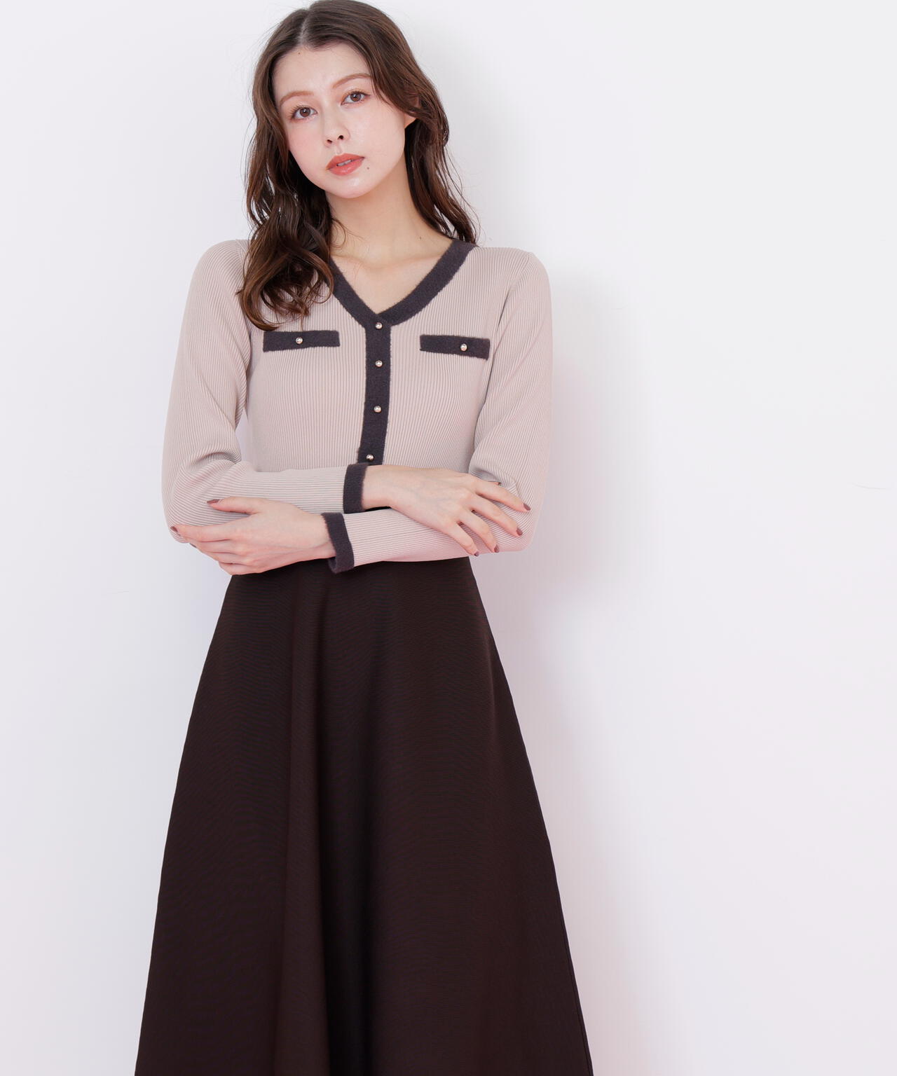 モールヤーントリミングニットワンピース