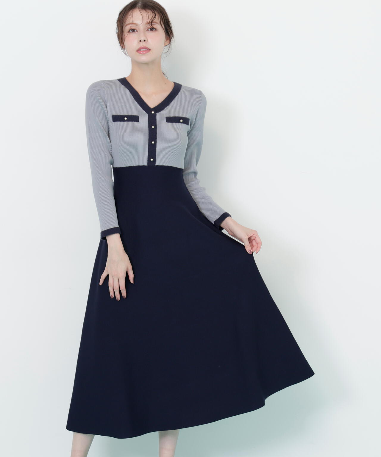 モールヤーントリミングニットワンピース