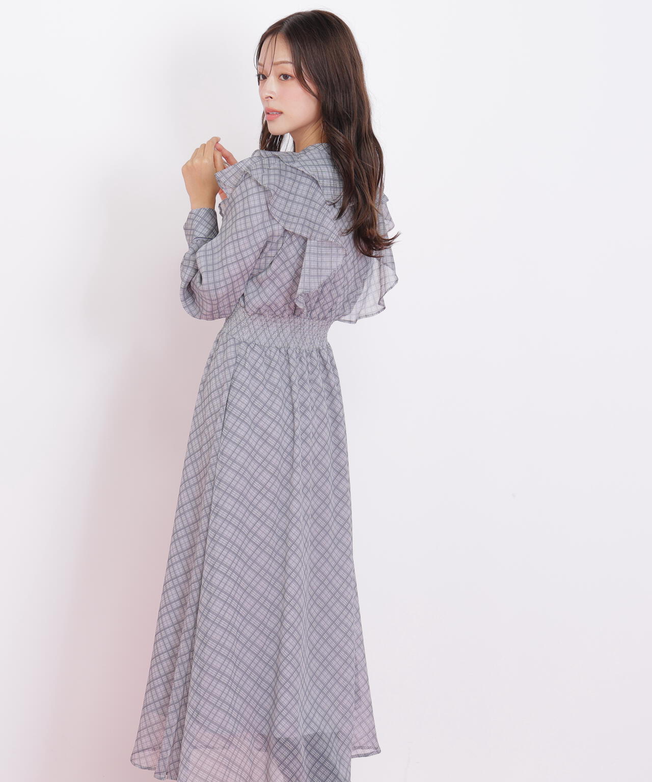 ベロア配色チェックラッフルワンピース