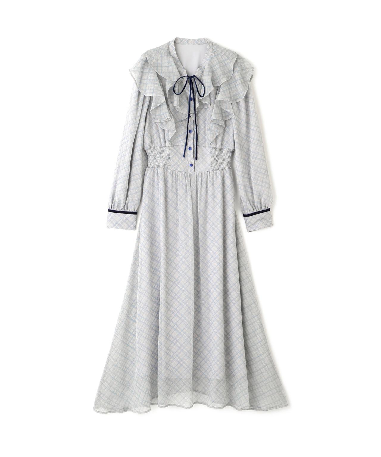 ベロア配色チェックラッフルワンピース