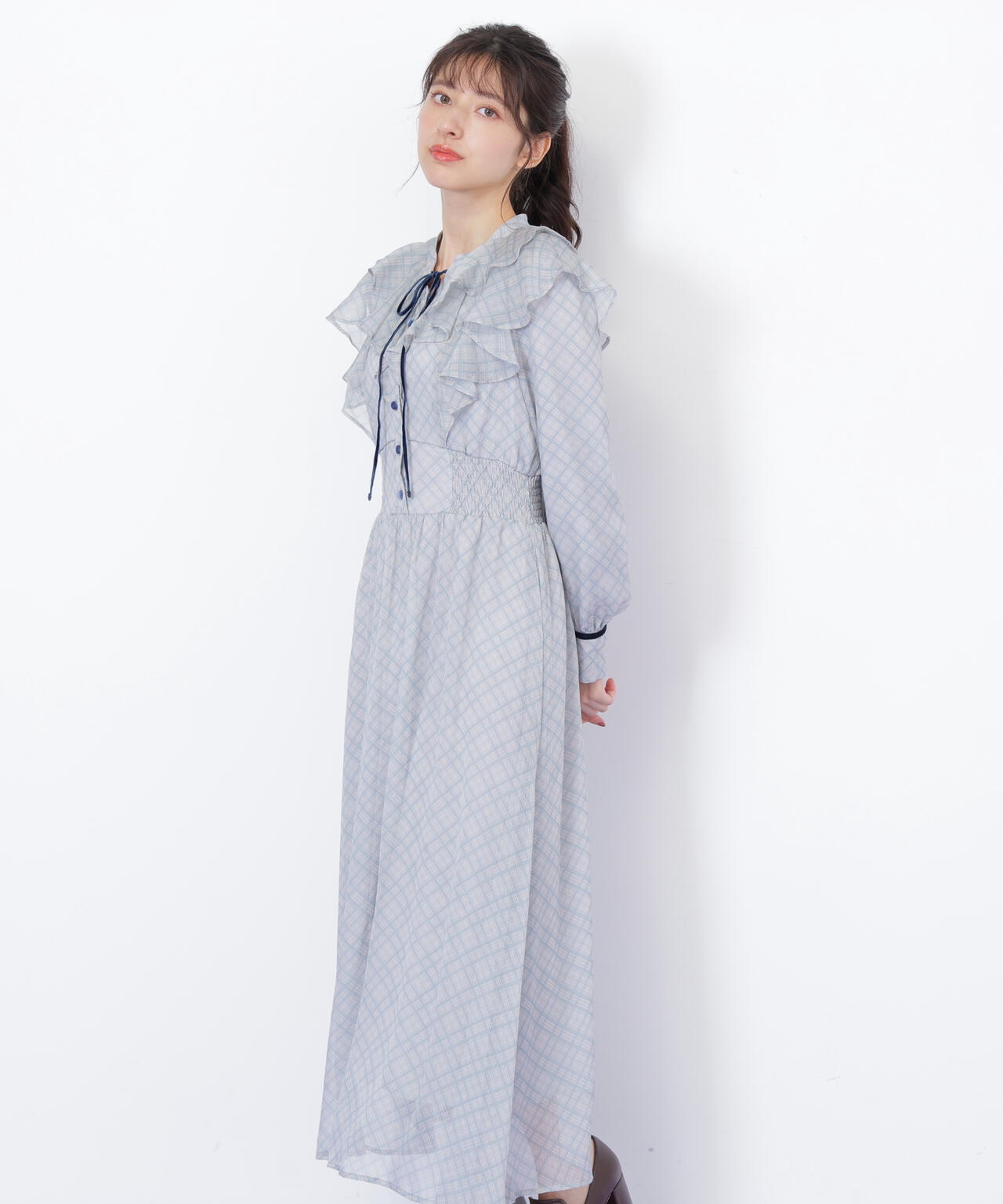 ベロア配色チェックラッフルワンピース