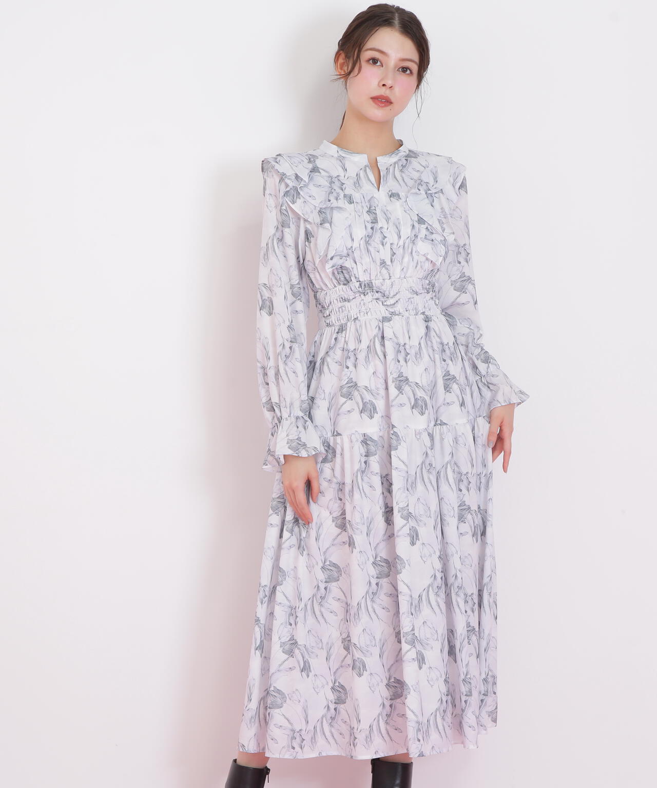 ピンタック花柄ワンピース