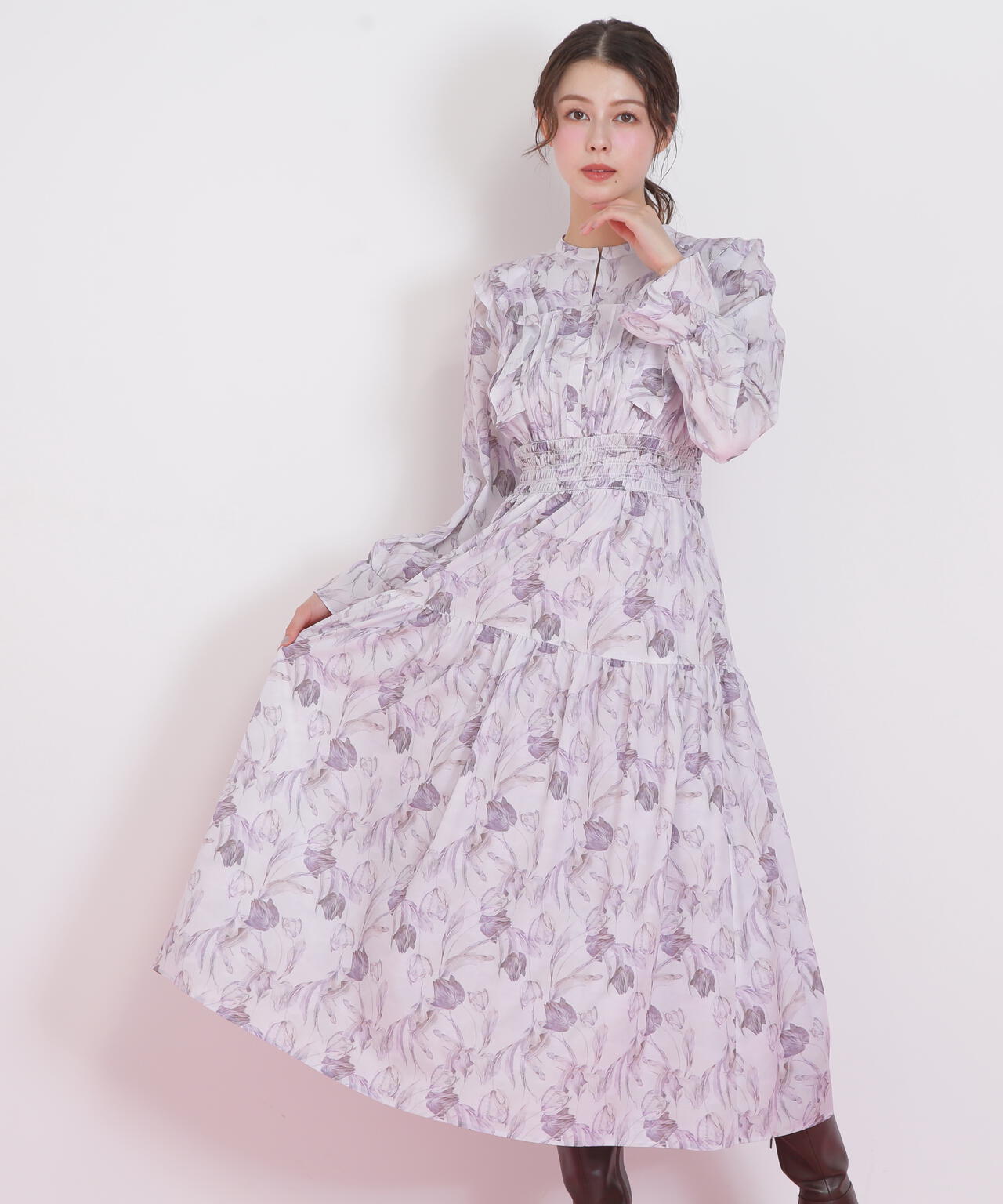 ピンタック花柄ワンピース