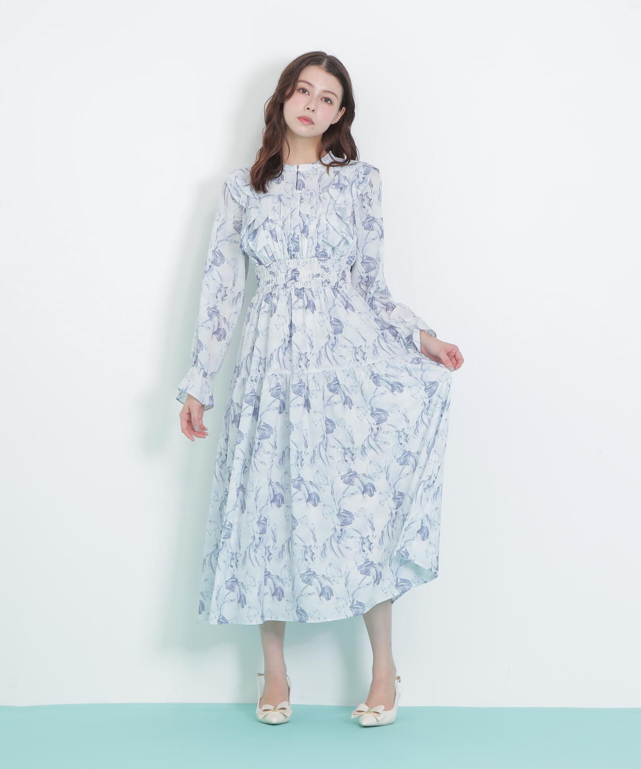 ピンタック花柄ワンピース