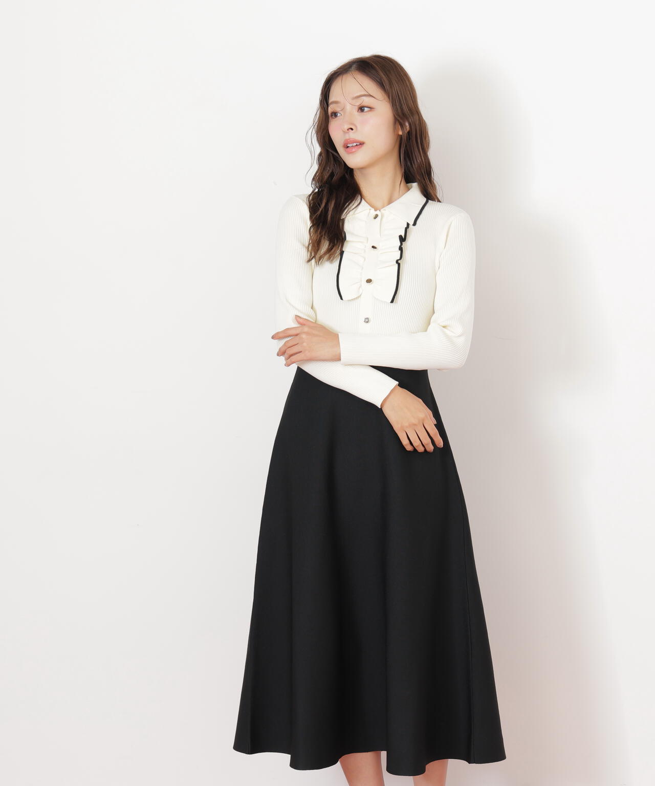 フリル袖 黒 ポロワンピース フリル袖ワンピース(ブラック) | myinemy's STORE