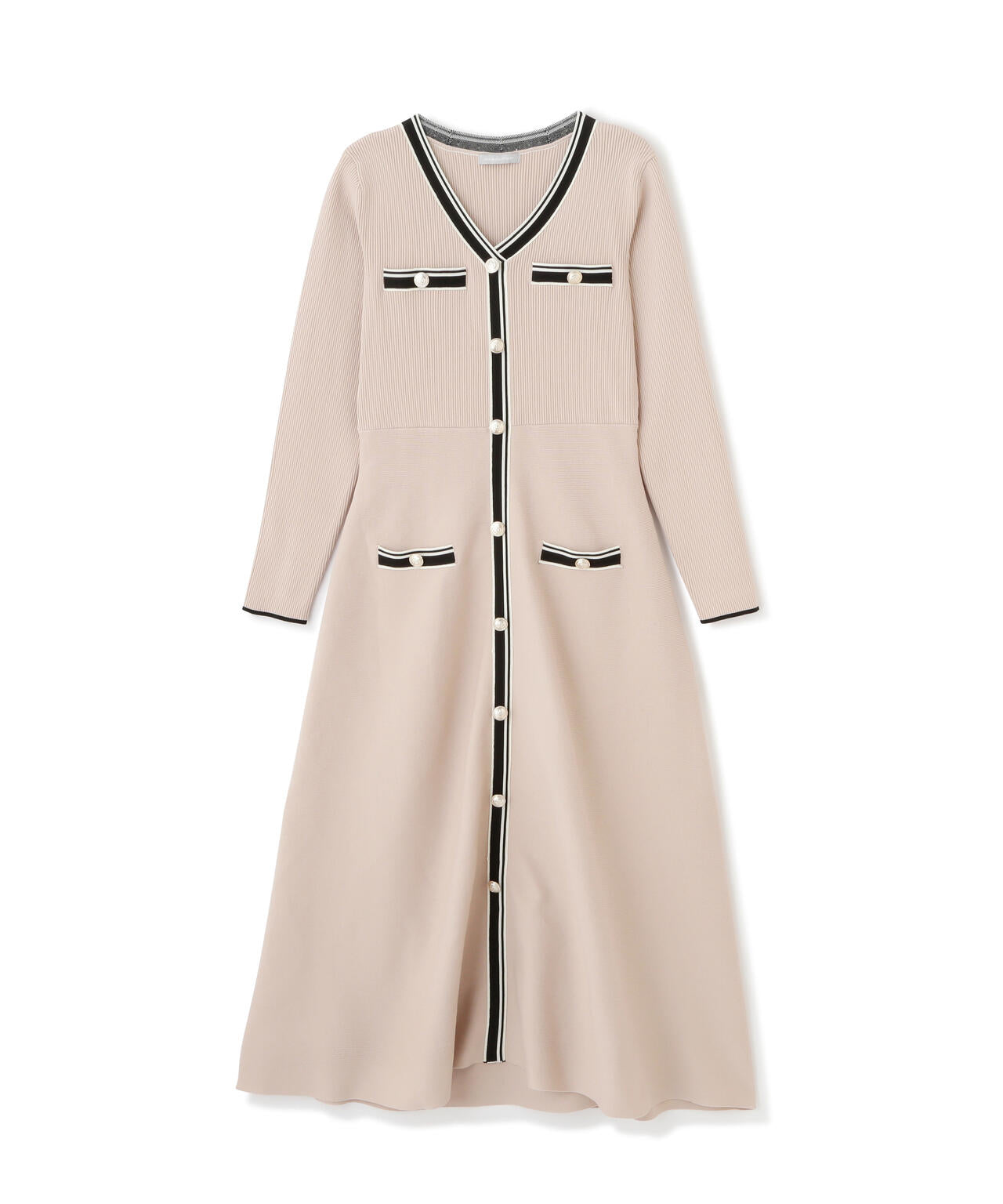 Vネック配色ラインフレアワンピース