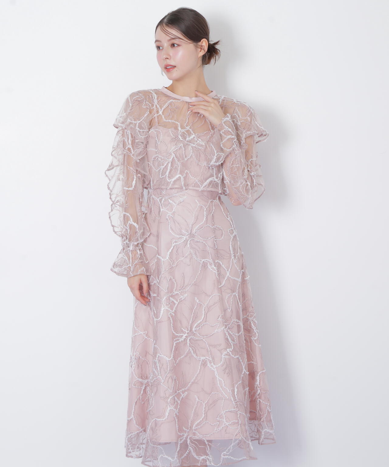 【美品】ジルスチュアート フローラルロングワンピース ピンク 長袖 サイズ2 フェザーレース2ピースワンピース | JILL by JILL STUART（ジル バイ