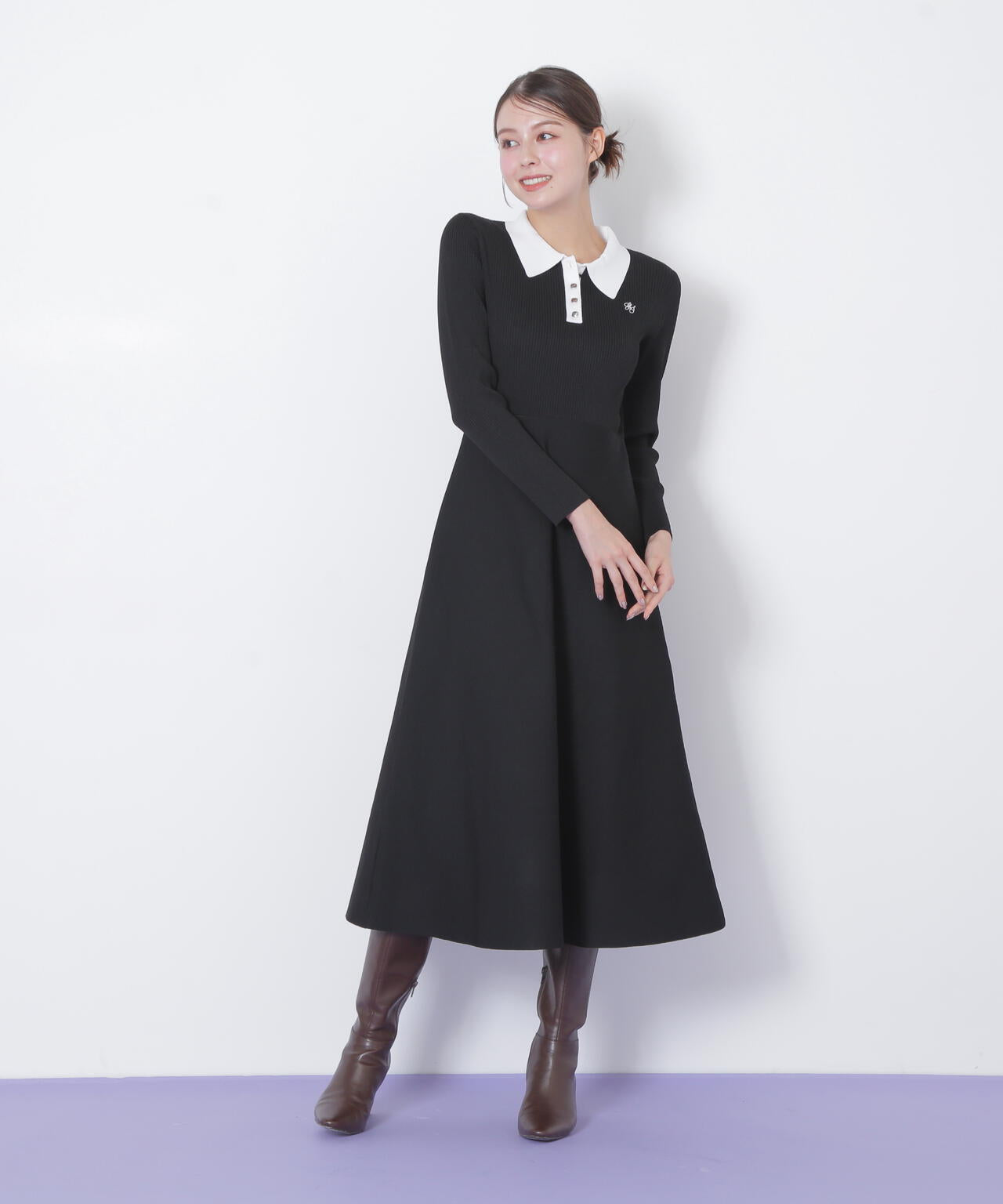 長袖ポロネックニットワンピース