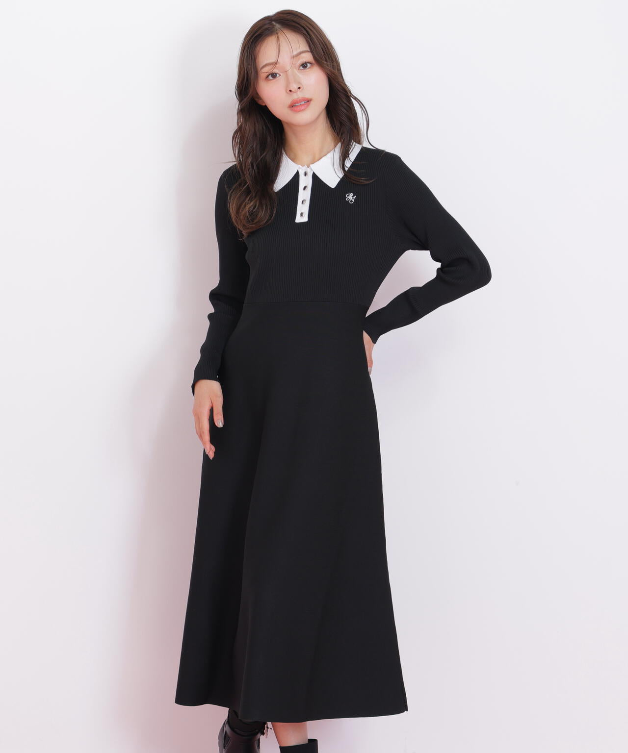 長袖ポロネックニットワンピース