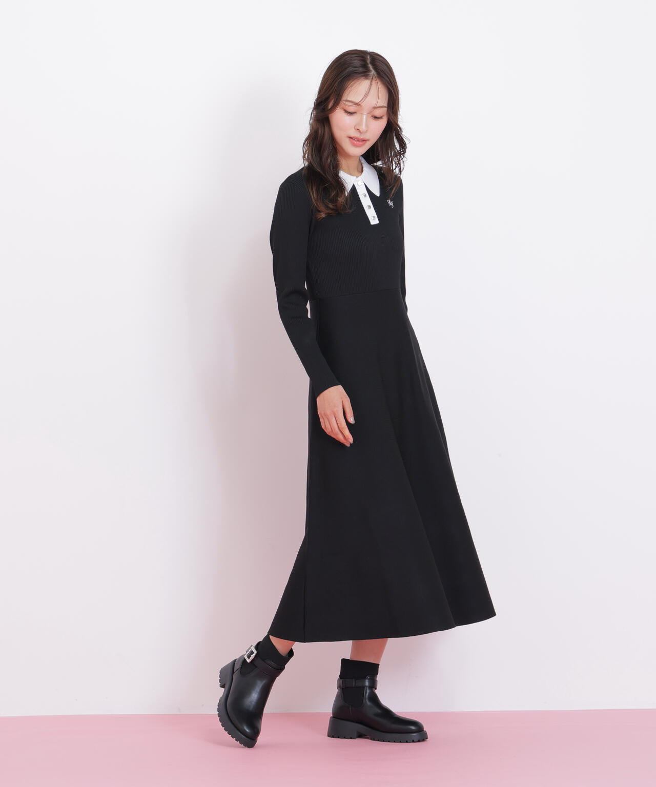 長袖ポロネックニットワンピース