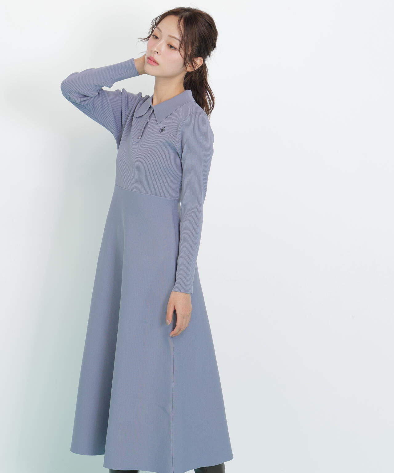 長袖ポロネックニットワンピース